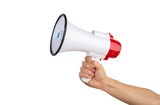 Fototapeta Tulipany - Announcement concept. Shout It Out. Hand holds megaphone on white background.