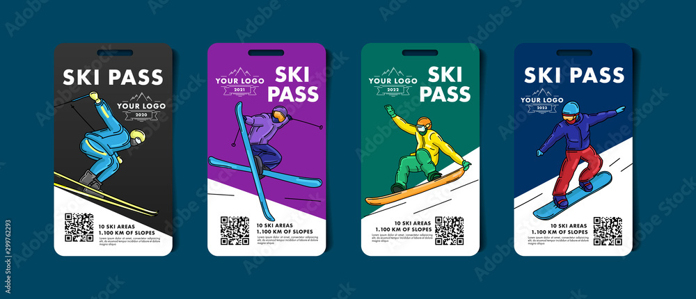 Set of ski pass cards, admission for lift to the mountain slopes with colorful illustrations of skier and snowboarder with qr code - obrazy, fototapety, plakaty 