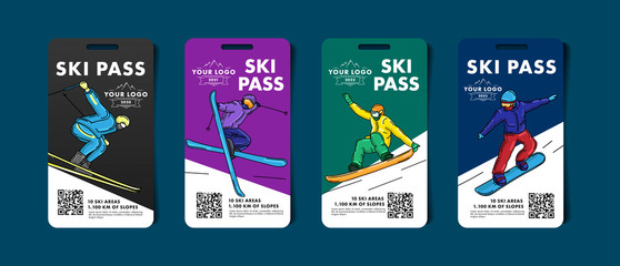 Set of ski pass cards, admission for lift to the mountain slopes with colorful illustrations of skier and snowboarder with qr code