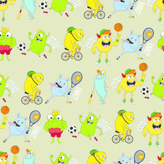 Canvas Print - Cute kids monster pattern for girls and boys. Colorful sport monster on the abstract bright background. The monster pattern is made in bright colors. Grunge sport kids pattern for textile and fabric