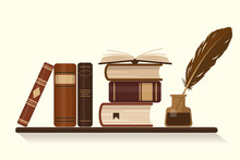 Bookshelf With Old Or Historical Brown Books And Inkwell With Goose Feather. Vector Illustration.