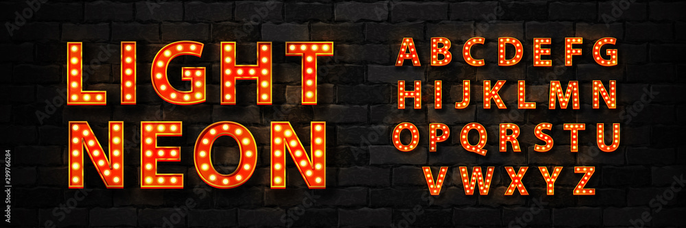 Vector realistic isolated marquee light bulb neon font for template decoration and invitation covering on the wall background. Concept of broadway and show. - obrazy, fototapety, plakaty 