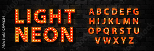 Fotomural Vector realistic isolated marquee light bulb neon font for template decoration and invitation covering on the wall background