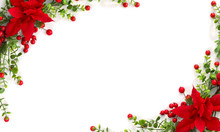 Christmas Decoration. Frame Of Flower Of Red Poinsettia, Branch Christmas Tree, Red Berry On A White Background With Space For Text. Top View, Flat Lay