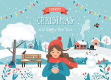 Merry Christmas Card With A Girl And Cute Landscape. Cute Vector Illustration In Flat Style