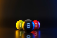 Colorful Billiards Balls On Nightlife Background With Pool Game And Entertainment Concept. Realistic 3D Rendering And Space For Design.