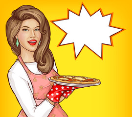 Pop art woman holding tray with pizza for family dinner or event celebration. Housewife in apron and gloves cooking italian food, meet guests, empty speech bubble, retro comic book vector illustration