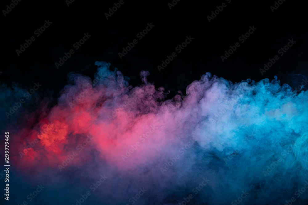Abstract texture of backlit smoke in red blue on a black background. - obrazy, fototapety, plakaty 