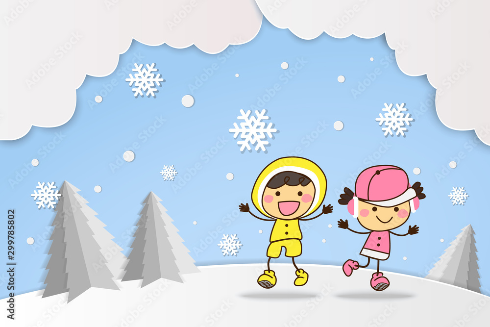 Stock-Vektorgrafik „Children are enjoying with first snow in winter season.  Landscape view with snow flakes, hills, trees, pine. Holiday Christmas  background. Vector in papercut style. Flat design cartoon character.“ |  Adobe Stock, image size:1000x667