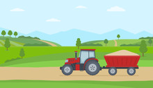 Red Tractor With Trailer On Rural Landscape Background. Flat Style Vector Illustration.