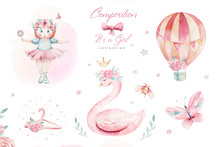 Baby Shower Kid Swan Watercolor Girl Design Cartoon Elements. Set Of Baby Pink Birthday Balloon Toy Dress Illustration. Newborn Party Set Invitation