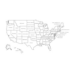 Vector illustration of black outline United States of America map with states. 