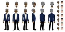 African American Professor Cartoon Character Head Set And Animation. Front, Side, Back, 3-4 View Character. Flat Icon Design Vector