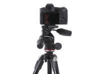 Backside View Of Modern Multifunctional Black Camera On Trepied Isolated