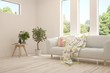 © AntonSh - Stylish room in white color with sofa and summer landscape in window. Scandinavian interior design. 3D illustration