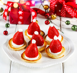 Sticker - Santa Claus pancakes with whipped cream and strawberries, Christmas food idea