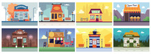 Colorful Cafe And Restaurant Building Banner Set In Flat Cartoon Style.