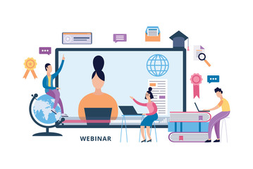 Online webinar and education banner with people flat vector illustration isolated.
