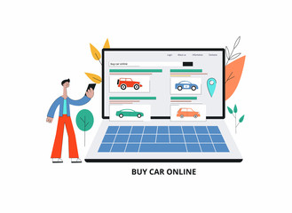 Car purchase banner with man using phone to buy car, vector illustration isolated.