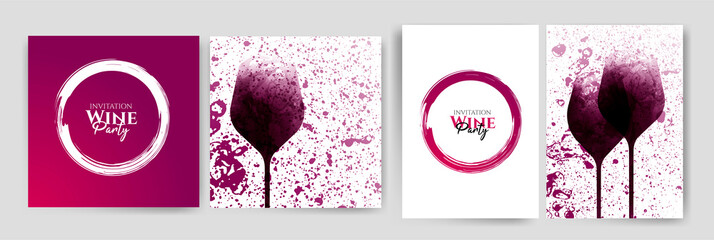 Wall Mural - Collection of templates with wine designs. Wine glass illustration. Background texture and stains of red wine.