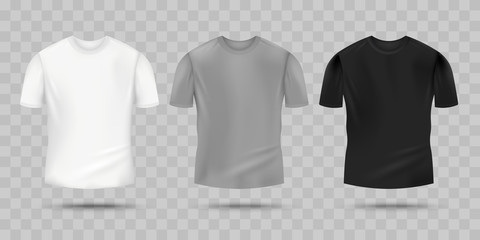 Blank realistic t-shirt mockup set in white, grey and black color.