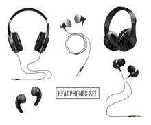 Set Of Headset - Headphones And Earphones 3d Vector Illustration Isolated.