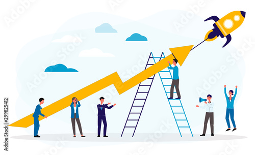 Fotomural Business boost or startup with people and rocket, flat vector illustration isolated