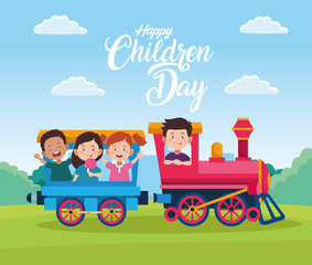 Poster - happy children day celebration with kids playing in train