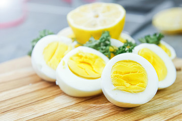 boiled eggs on a wooden background.