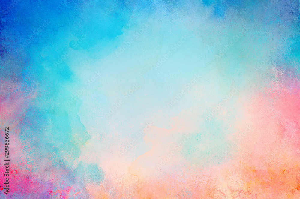 blue watercolor paint background design with colorful orange pink borders and bright center, watercolor bleed and fringe with vibrant distressed grunge texture - obrazy, fototapety, plakaty 