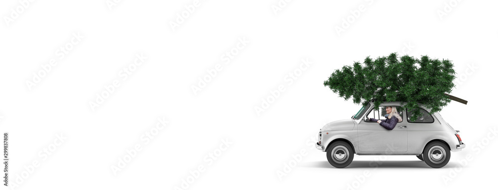 Kleines Auto mit Weihnachtsbaum auf dem Dach und einer Frau am Steuer - obrazy, fototapety, plakaty 