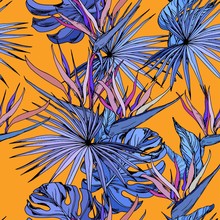 Seamless Pattern With Colorful Tropical Leaves And Exotic Strelitzia Flowers. Bird Of Paradise Flowers. Hand Drawn Vector Illustration On Orange Background.