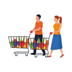 Sticker - avatar man and woman with supermarket carts, flat design