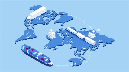 Wall Mural - Global logistics network isometric illustration Icons set of air cargo trucking rail transportation maritime shipping On-time delivery Vehicles designed to carry large numbers of cargo HD Video.