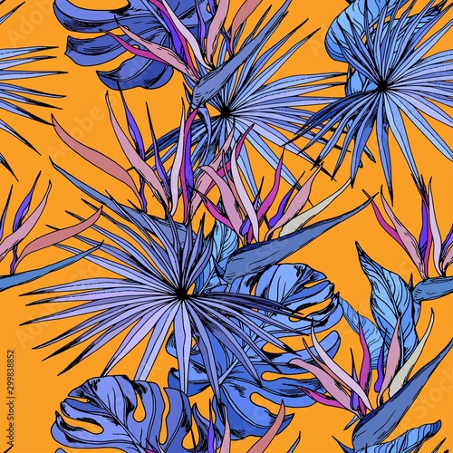 Dekoracja na wymiar  wzor-z-kolorowych-tropikalnych-lisci-i-egzotycznych-kwiatow-strelicji-kwiaty-rajskiego-ptaka-recznie-rysowane-ilustracji-wektorowych-na-pomaranczowym-tle
