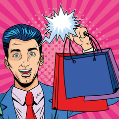 Poster - elegant businessman with shopping bags pop art style