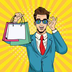 Sticker - businessman with shopping bags and sunglasses pop art style