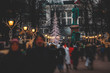 Christmas decorations in the historical center streets of Helsinki, with evening light illumination, concept of Christmas in Finland, with Cathedral, market square, christmas tree