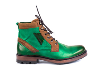 Wall Mural - Male brown and green leather boot on white background, isolated product.