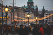 Christmas decorations in the historical center streets of Helsinki, with evening light illumination, concept of Christmas in Finland, with Cathedral, market square, christmas tree