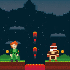 Poster - video game warriors in pixelated scene