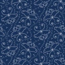 Butterfly Motif Embroidery Sashiko Kantha Vector Pattern. Asian Needlework Seamless Background. Hand Stitch Indigo Blue Running Stitch Texture For Textile Print, Japan Decor. Kimono Quilting EPS 10