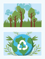 Poster - eco friendly set scene with planet earth and tree plants