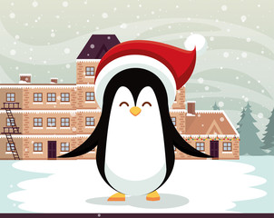 Sticker - christmas snowscape scene with cute penguin