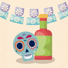 Wall Mural - viva mexico celebration with skull death and bottle sauce