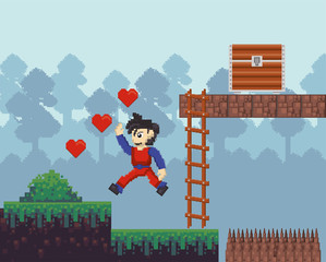 Poster - video game warrior jumping in pixelated scene