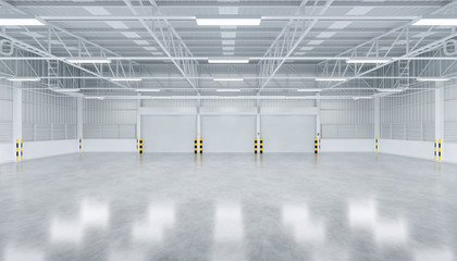 Roller door or roller shutter inside factory, warehouse or industrial building. Modern interior design with polished concrete floor and empty space for product display, industry background. 3d render.