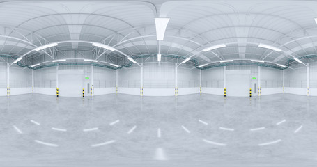 Wall Mural - Roller door or roller shutter inside factory, warehouse or industrial building. Modern interior design with polished concrete floor and empty space for industry background. 3d panorama render.