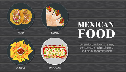 Wall Mural - Tacos,nachos,burrito,enchiladas mexican food menu vector graphic design