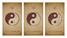 Vector Set Of Three Yin Yang Signs On Vintage Backgrounds With Shape Symbols And Frames.